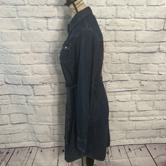 Wrangler Retro Denim Dress Embroidered Back Belt Long Sleeves Pearl Button Snaps - Picture 9 of 13